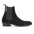 Men?s black suede Chelsea boots from contemporary London-based footwear label H Shoes by Hudson. Expertly constructed from premium suede uppers with a polished leather panel to the counter, the ?Watts? boots comprise a sleek round toe silhouette, tonal elasticated side gores and a woven pull tab to the heel. Set on a distinctive Cuban heel and black stitched leather sole.  Upper: Suede. Lining/Sole: Leather.